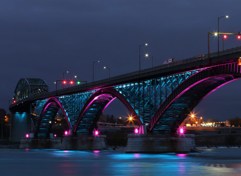 The Peace Bridge, which is one of the main border crossings between Canada and the United States, runs between Buffalo, New York and Fort Erie, Ontario